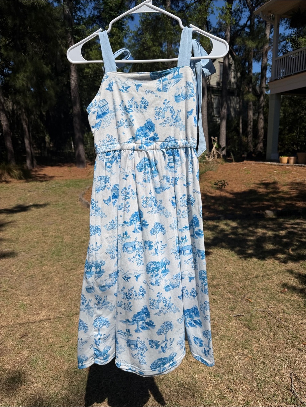 Grandmillenial Blue Floral Midi Dress with Tie Straps